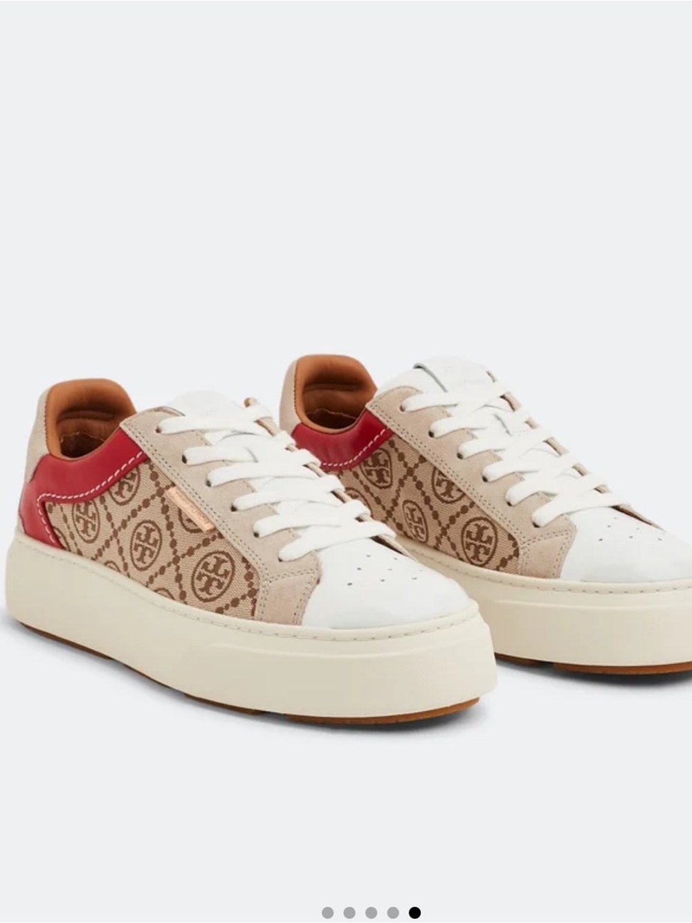 Tory Burch Beige Canvas Logo Sneakers with Red Heel Accent